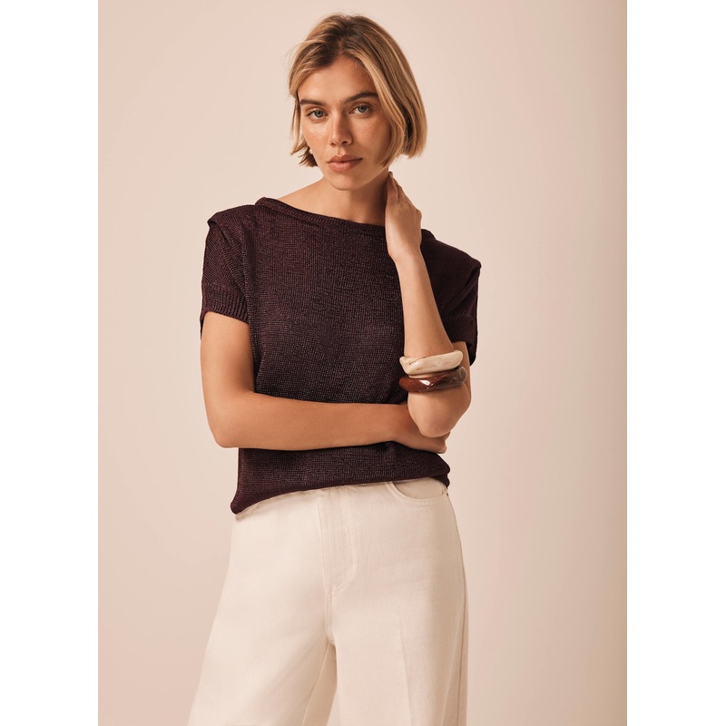 Burgundy Metallic Knit Batwing Top XS