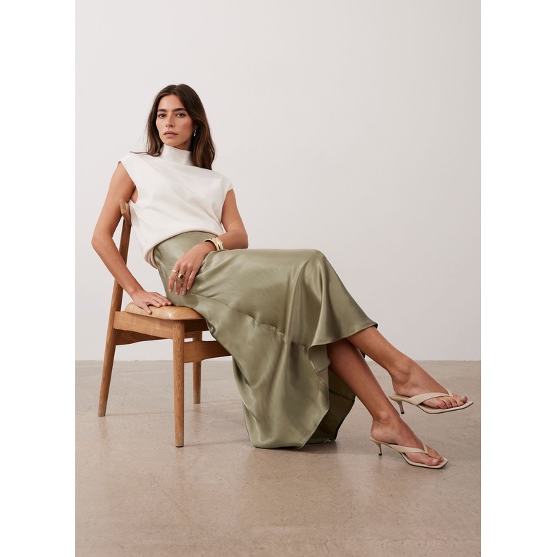Khaki Satin Slip Midi Skirt XS