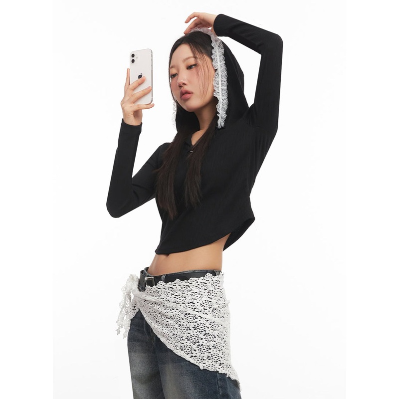 Lace-Trim Crop Hoodie IA524 Black S/M