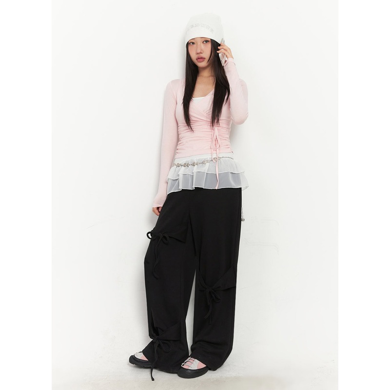 Ribbon Wide-Leg Sweatpants IA524 Black M/L