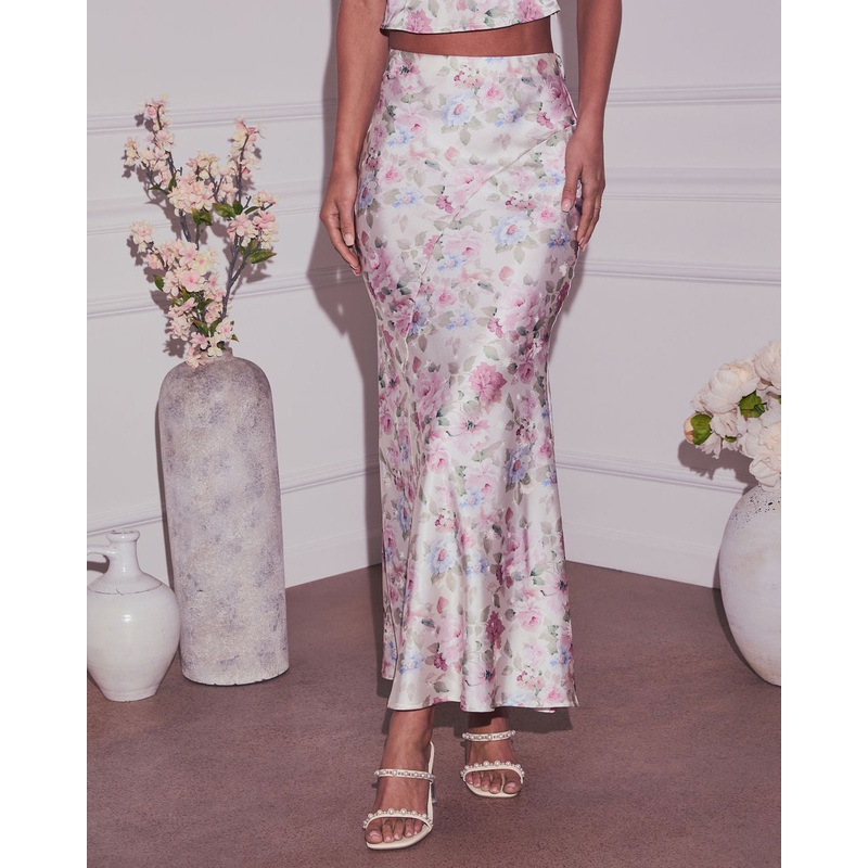 Tea For Two Floral Satin Maxi Skirt Ivory/Floral S