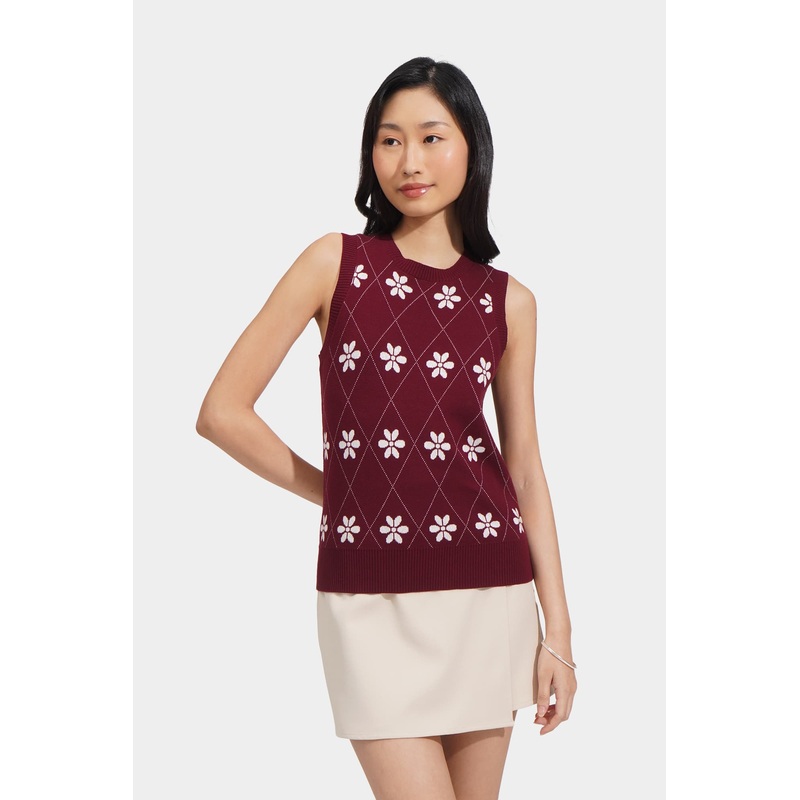 All Over Print Flat Knit Top Burgundy Extra Small