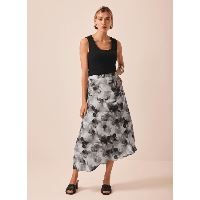Grey Floral Print Midi Skirt 06