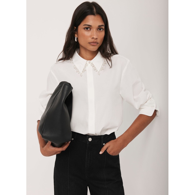 White Cotton Blend Pearl Collar Shirt XS
