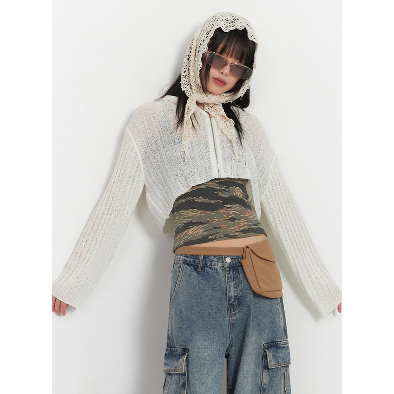 Zip-Up Sheer Hooded Cardigan IA528 White S/M