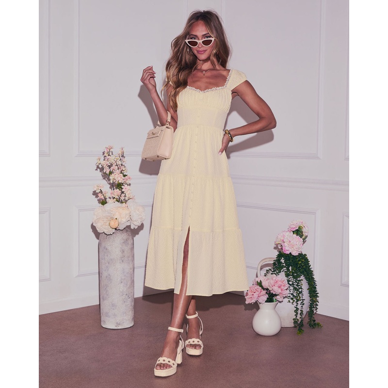 Zoella Tiered Ruffled Shoulders Maxi Dress Yellow XS