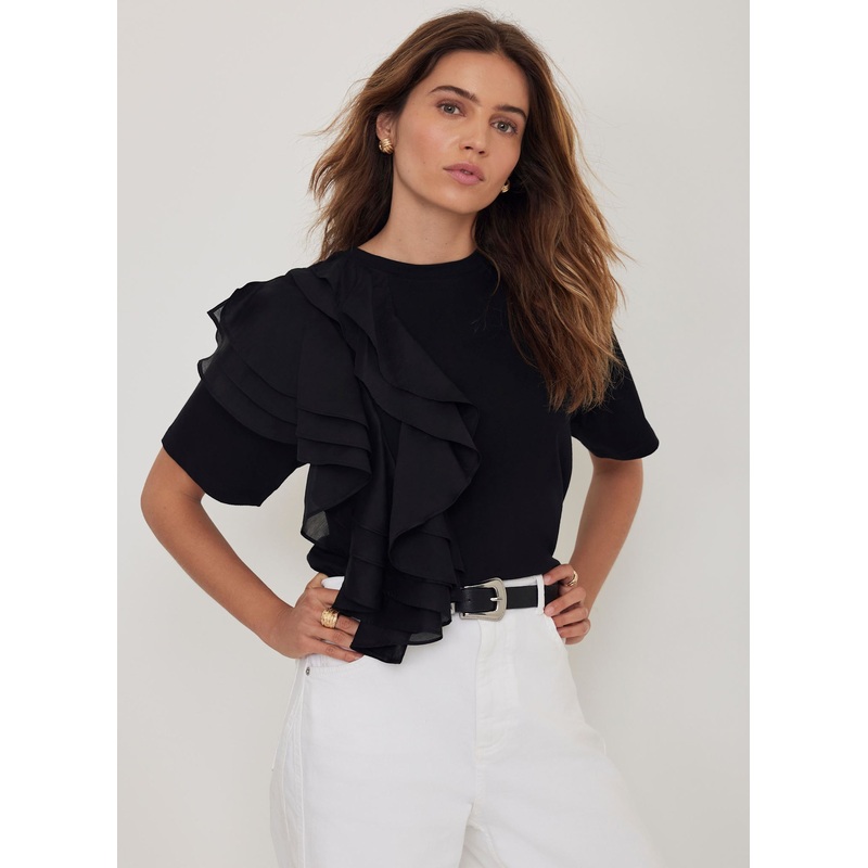 Black Cotton Frill T-Shirt XS