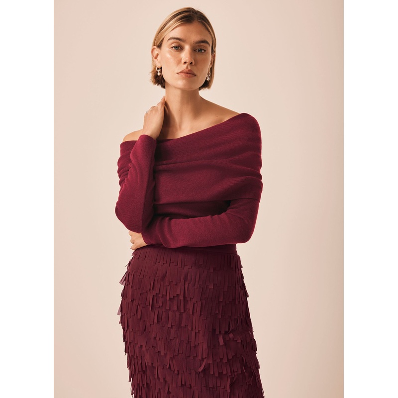 Burgundy Ribbed Bardot Top XS