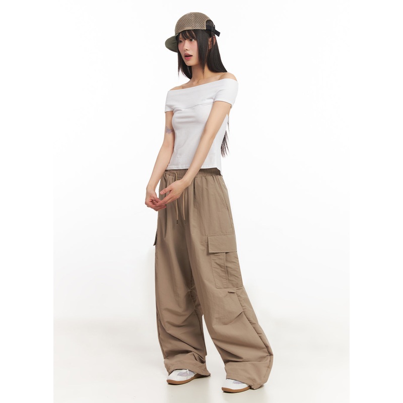 Cargo Wide-Leg Windbreaker Pants IY502 Beige M/L