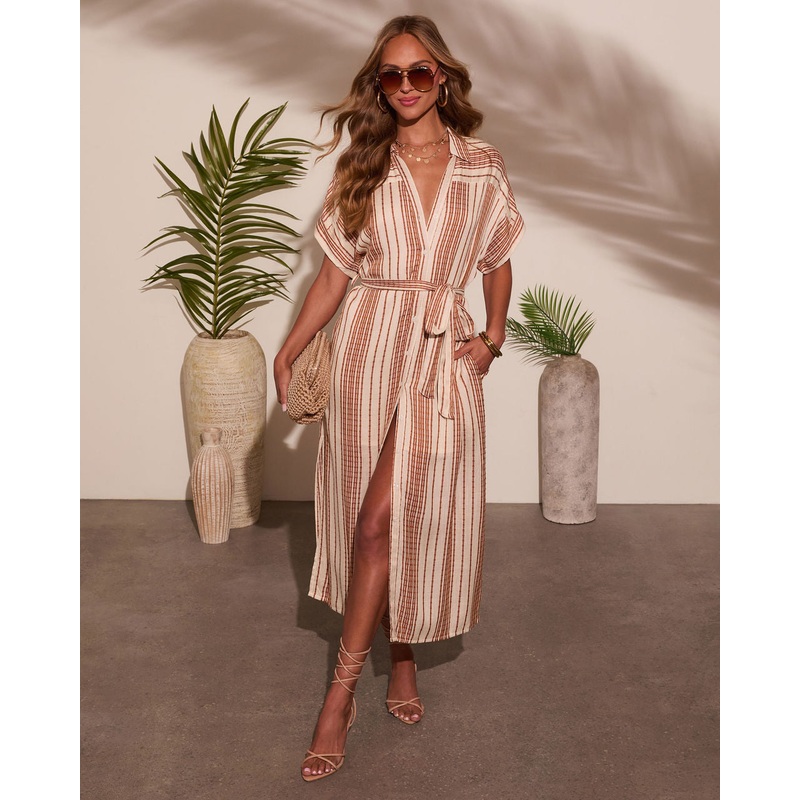 Falling Sun Striped Midi Shirt Dress Camel Stripe S
