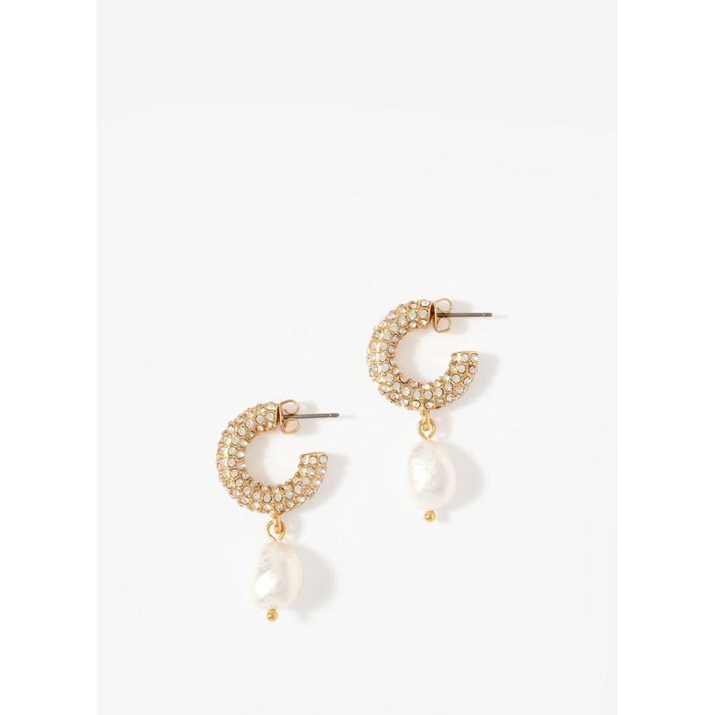 Gold Tone Pave Hoop Pearl Earrings ONE SIZE
