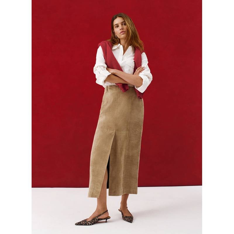 Neutral Suede Midi Skirt 06