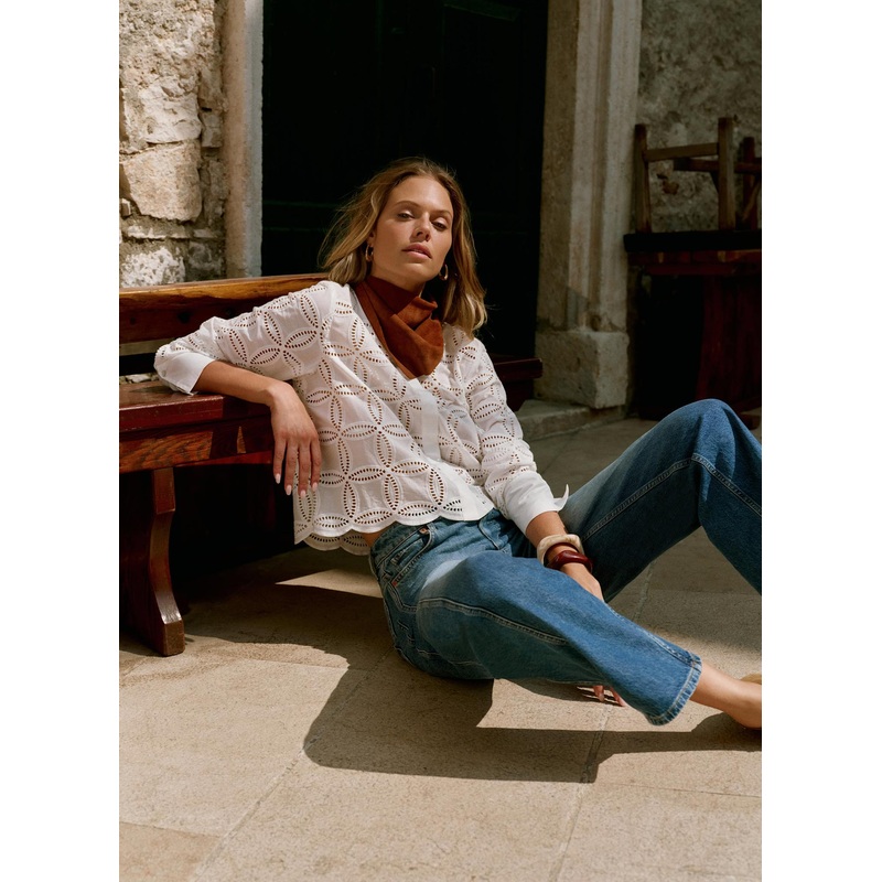 White Broderie Cropped Shirt XS