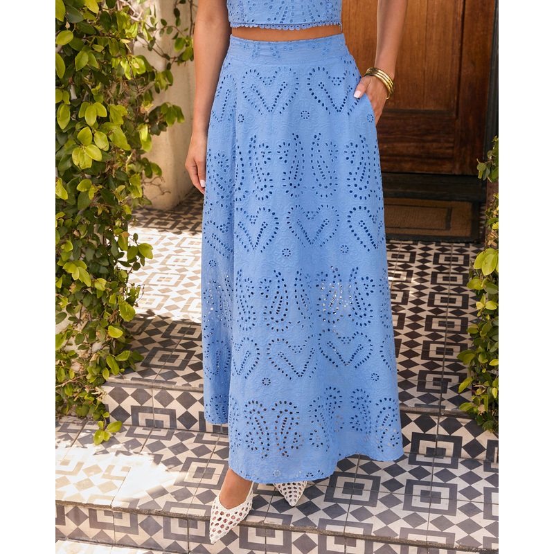 Whitney Eyelet Midi Skirt Blue XS