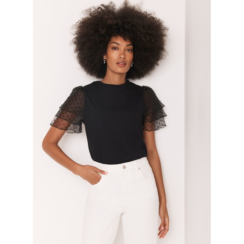 Black Cotton Tulle Sleeve T-Shirt XS