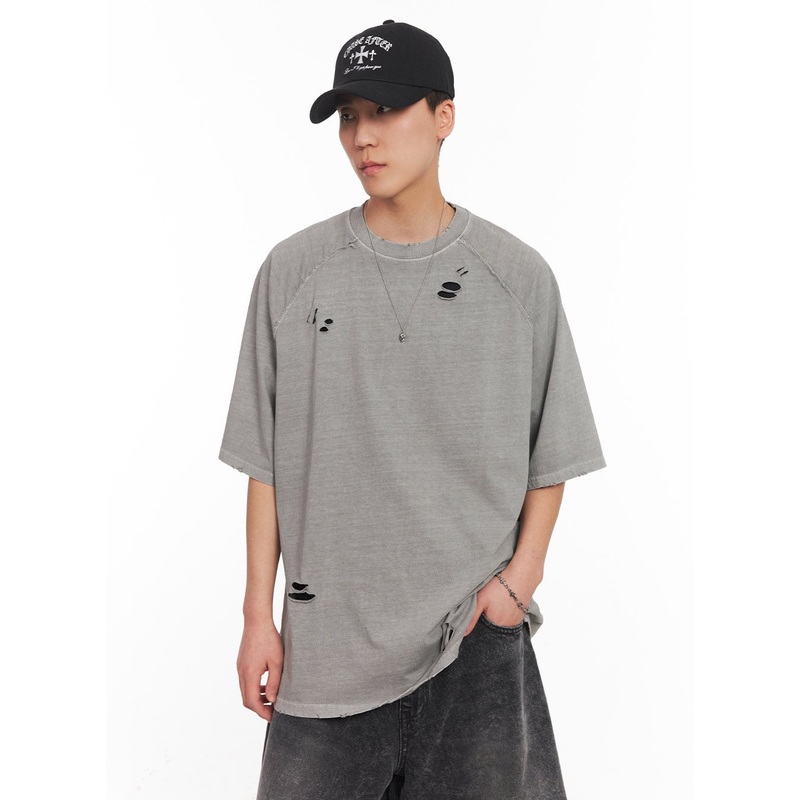 Distressed Washed Cotton T-Shirt IY506 Light gray M/L