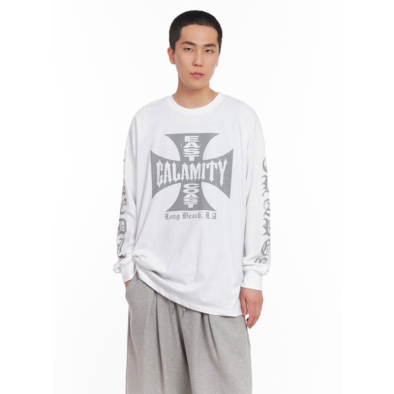 Men’s Cotton Graphic Long Sleeve Shirt IY506 White M/L