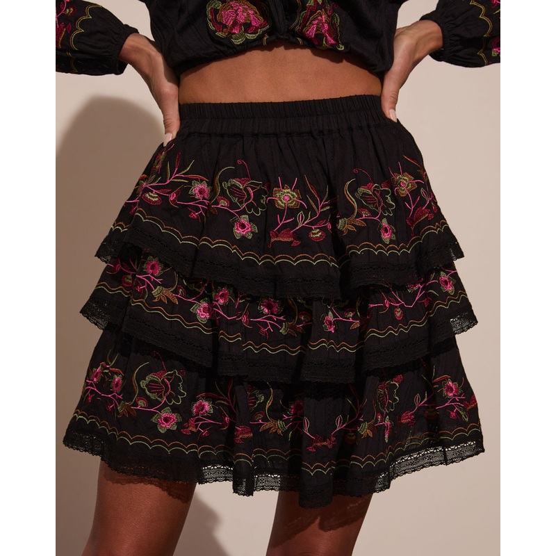 Trail of Flowers Tiered Floral Mini Skirt Black Multi XS