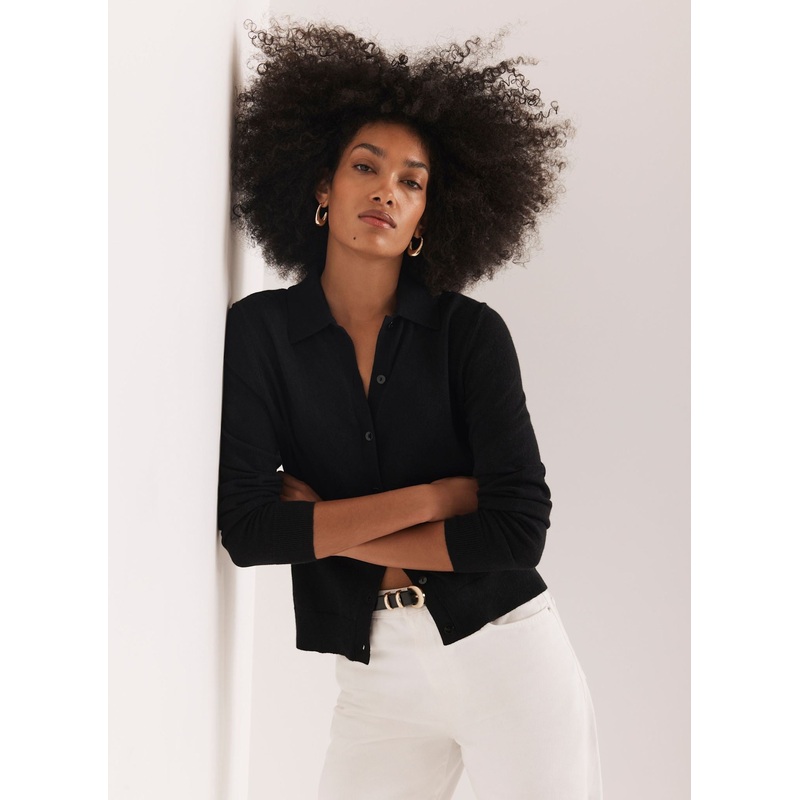 Black Cotton Blend Button Collar Cardigan XS