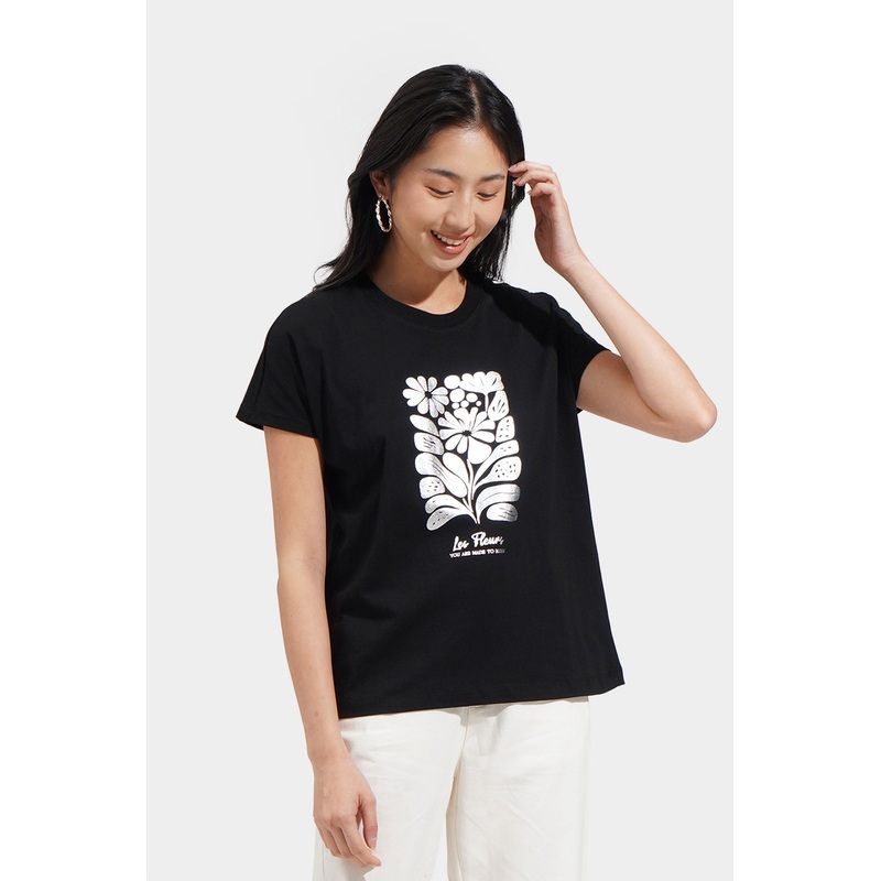 Metallic Floral Graphic Tee Black Extra Small