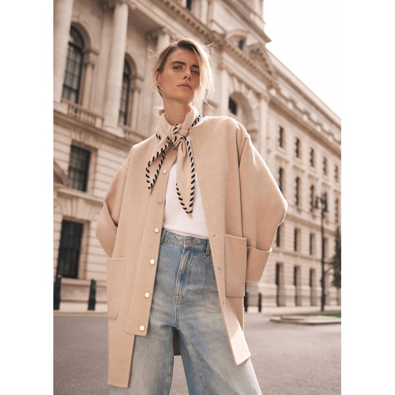 Neutral Wool Blend Hand Finished Collarless Coat XS