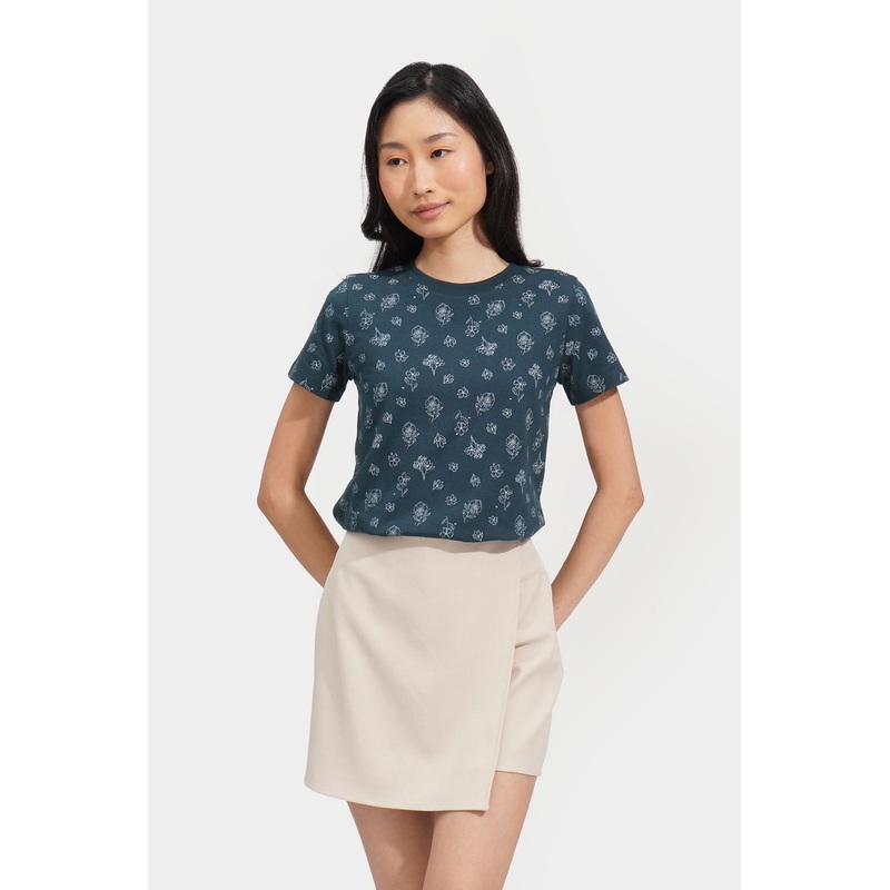 All Over Print Flower Graphic Tee Dark Green Extra Small