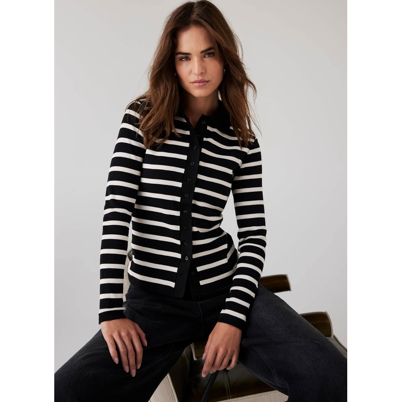 Black Cotton Striped Polo Collar Top XS
