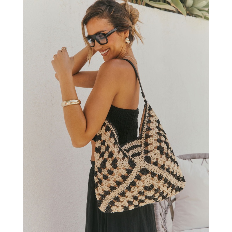 Full of Sunshine Woven Straw Shoulder Bag Black Multi O/S