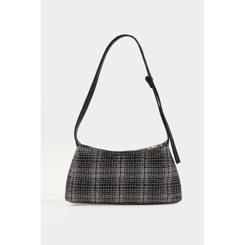 Tweed Shoulder Bag With Adjustable Straps Black Free Size