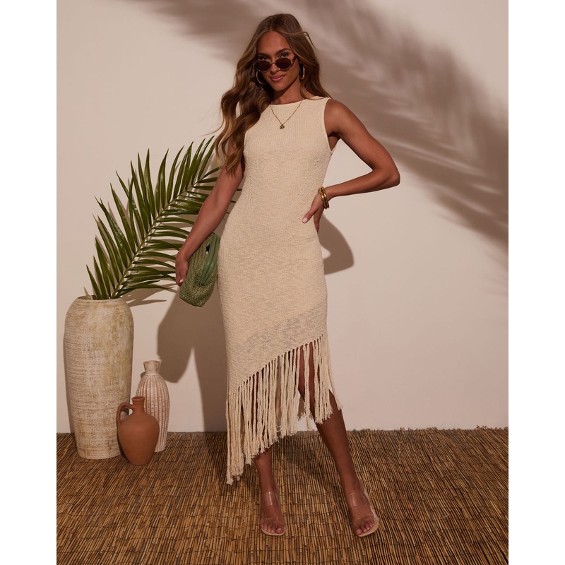 Aperol Edit Fringe Crochet Midi Dress Cream XS