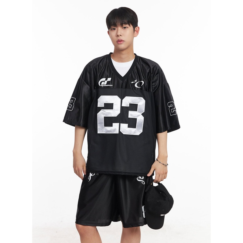 Men’s Mesh V-Neck Jersey T-Shirt IA525 Black M/L