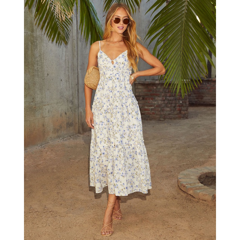 Acaida Button Front Tiered Floral Maxi Dress Lavender S