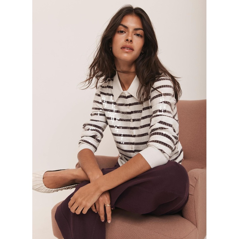 Burgundy Stripe Sequin Collar Cardigan XS