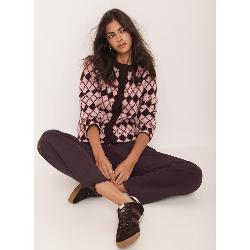 Burgundy Wool Blend Argyle Knit Cardigan XS