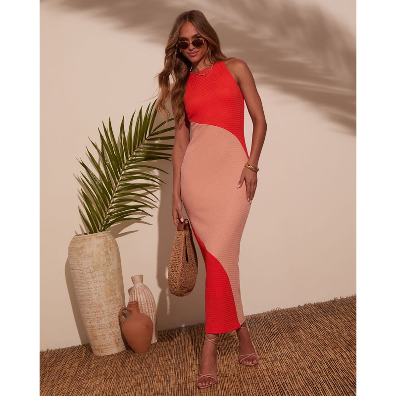 Caradeen Colorblock Maxi Dress Coral/Apricot XS