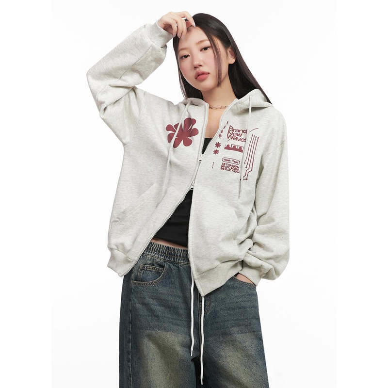 Graphic Zip-Up Hooded Jacket IM524 Light beige M/L