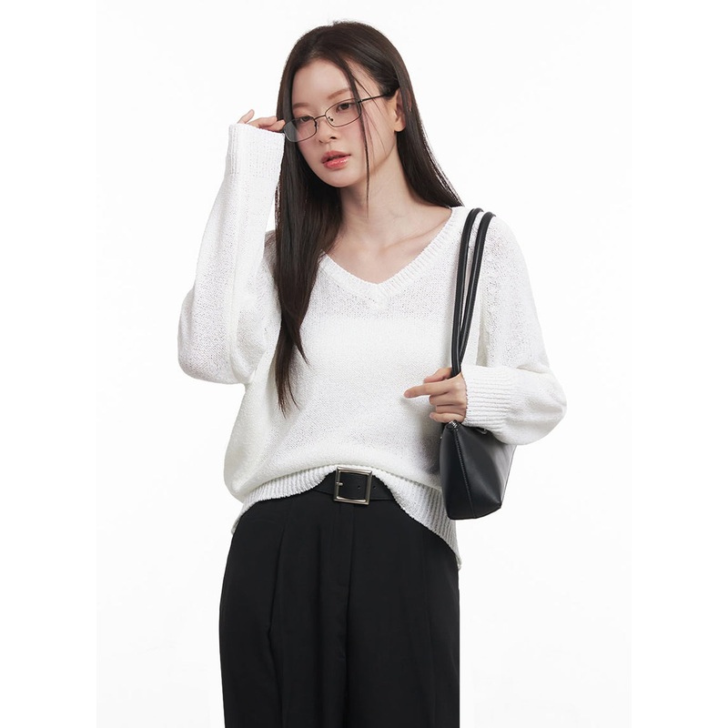 Sheer V-Neck Sweater Top IY509 Black S/M