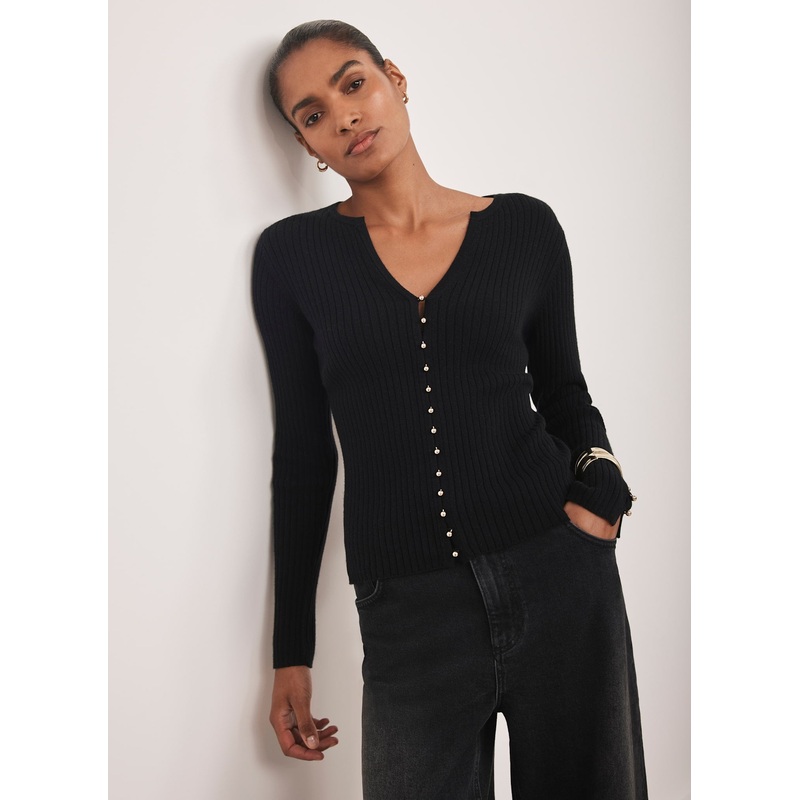 Black Button Detail Ribbed Top XS