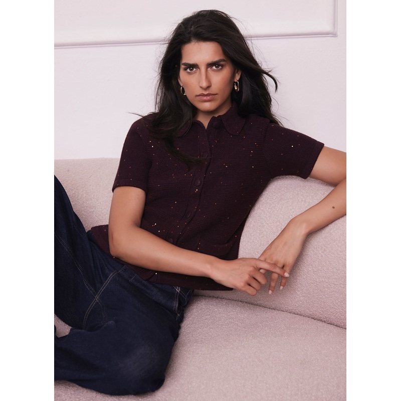 Burgundy Sequin Cotton Blend Cardigan XS