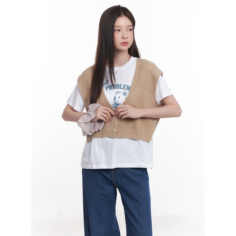 Buttoned Knit Crop Vest Top CY515 Brown S/M