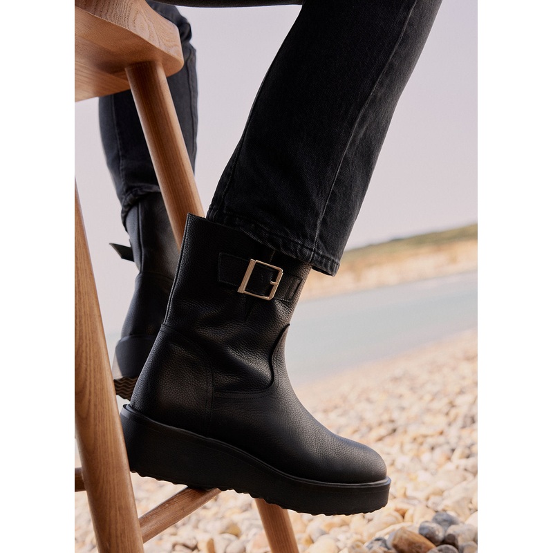 Lola Black Leather Wedge Biker Boots 3 UK 36 EU