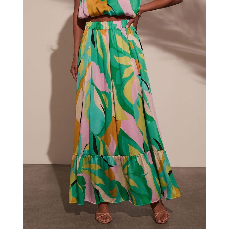 Serene Shores Tiered Floral Maxi Skirt Green XS