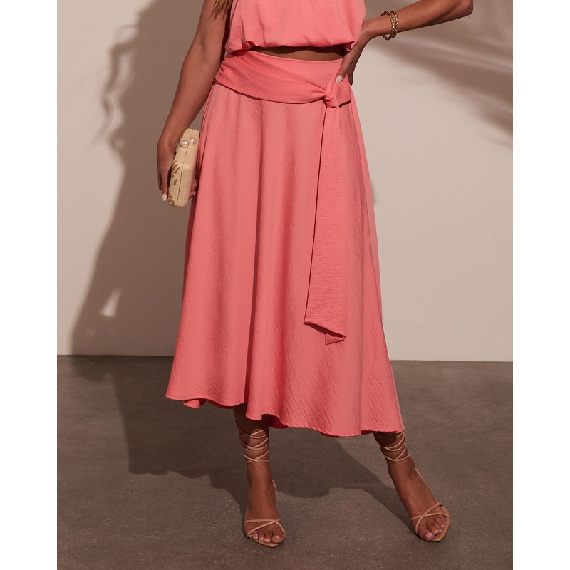 Sharena Waist Tie Midi Skirt Peach XS