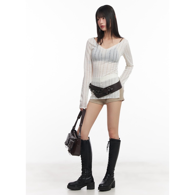 V-Neck Slit Sheer Top CY514 White S/M