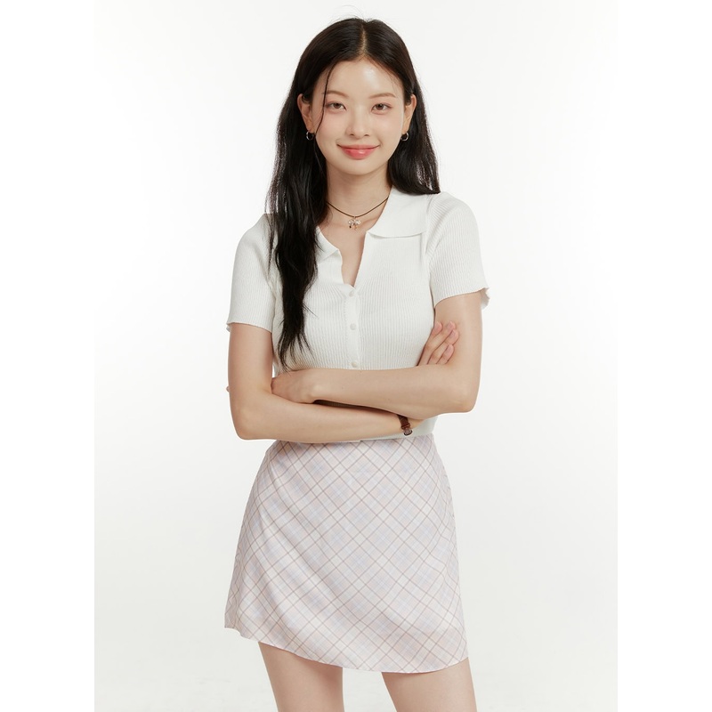 Collar Buttoned Short Sleeve Cardigan OU419 White S/M