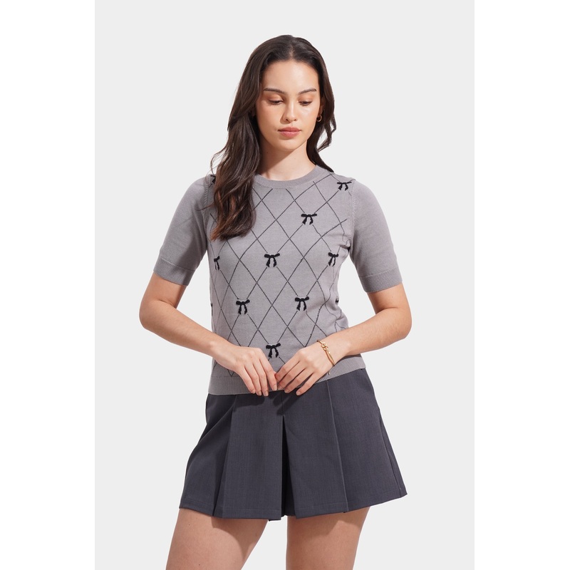 Jacquard Knitted Tee With Ribbon Detail Gray Extra Small