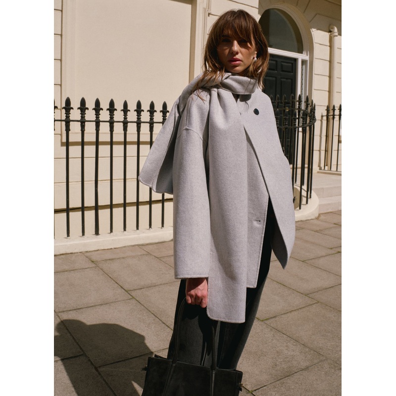 Light Grey Wool Blend Hand Finished Scarf Detail Coat XS