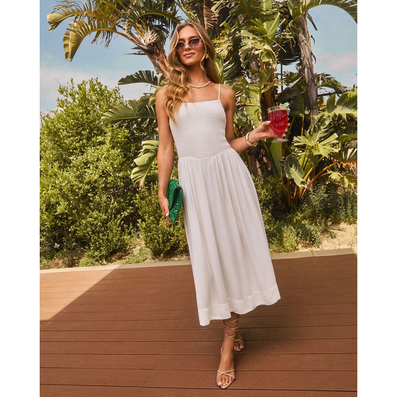 Sunny Days Ahead Smocked Bust Midi Dress White XS
