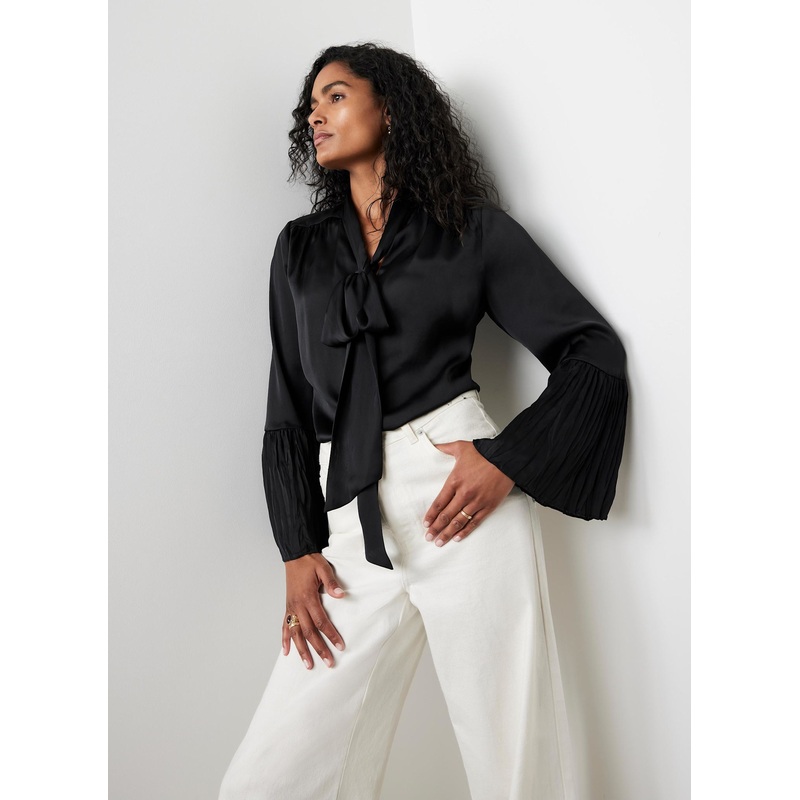 Black Satin Bow Blouse XS