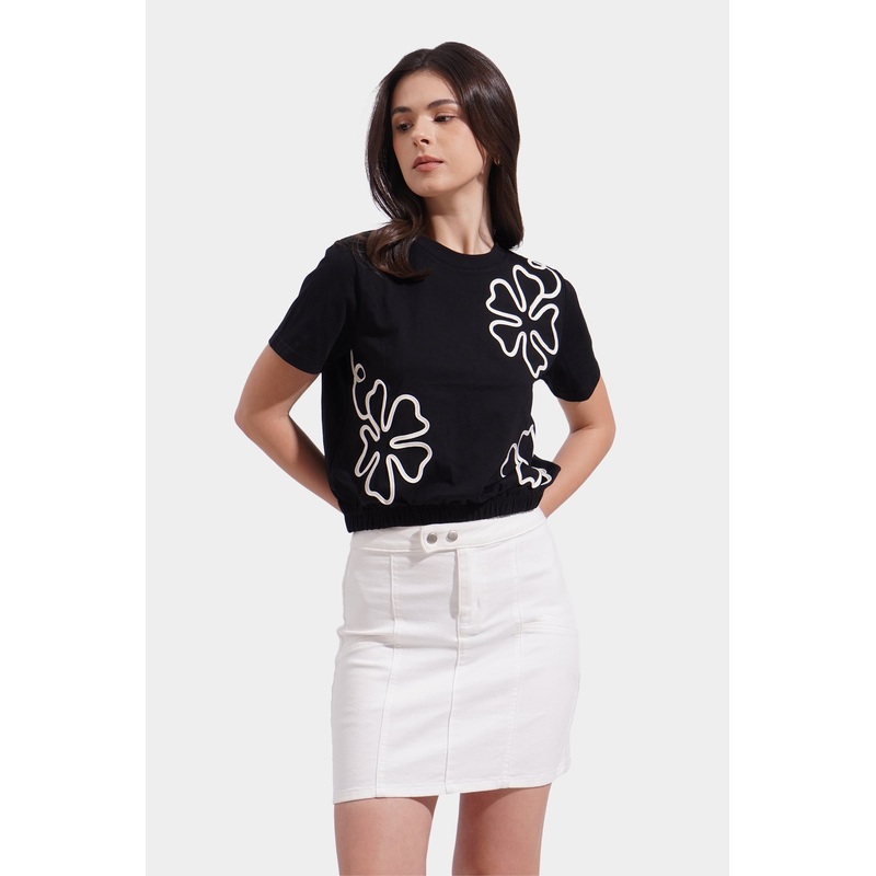 Floral Knitted Graphic Tee Black Extra Small